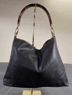 Plinio Visona Handbag Purse Black Leather Made In Italy Tortoise Shell Handle